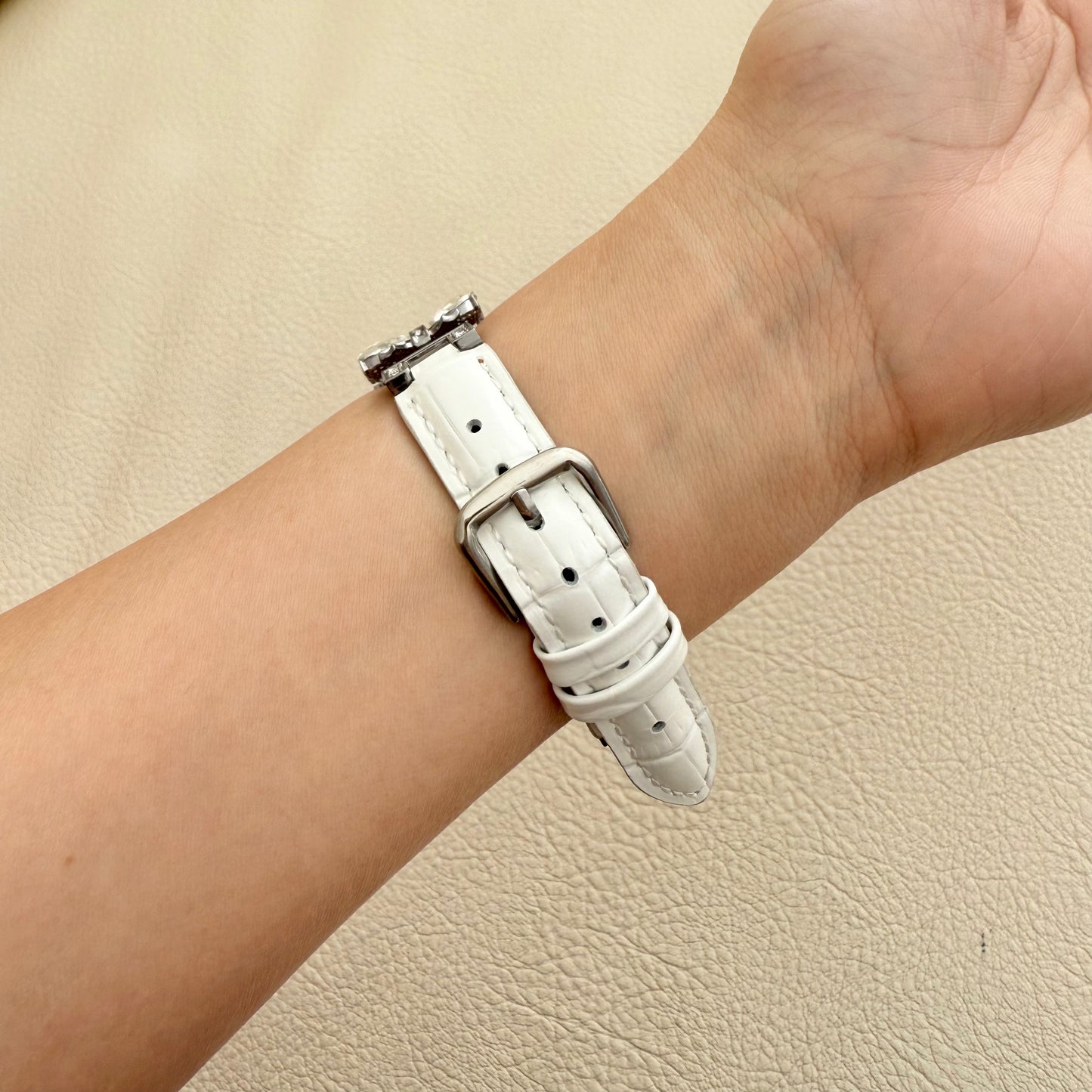 wrist with Butterfly Leather Apple Watch Strap - White