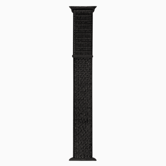 Black woven APPLE watch strap on a white background