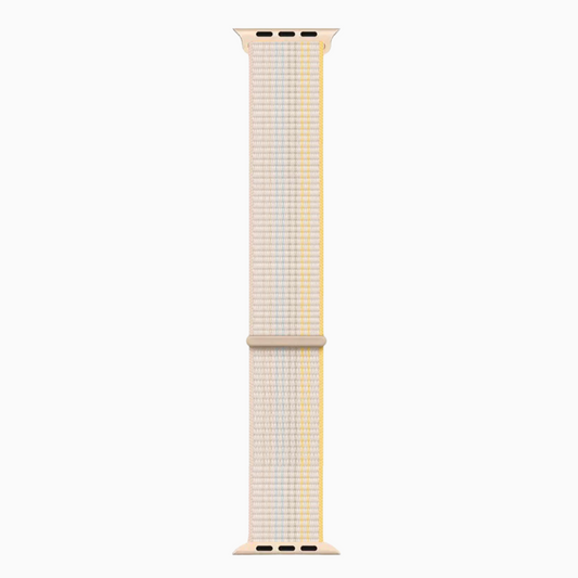 White woven Soft Nylon Apple Watch Loop - Starlight with yellow with yellow accent on a white background