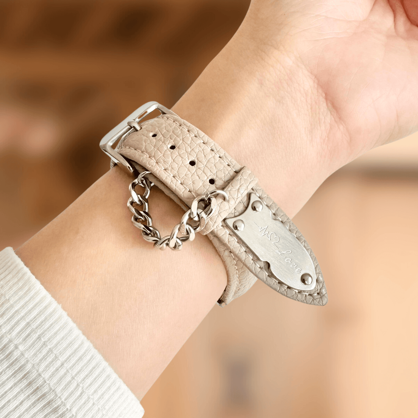 Chain Leather Apple Watch Band - Beige