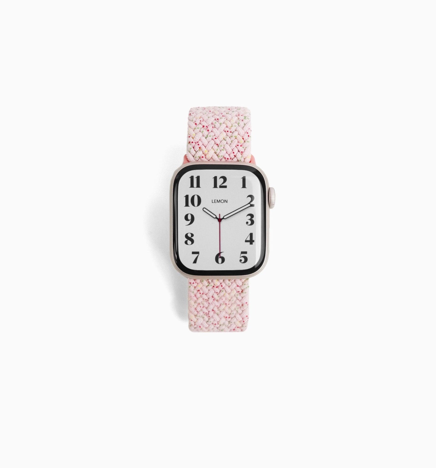 A pink cloud nylon Apple Watch band with a pattern, displayed on a white background.