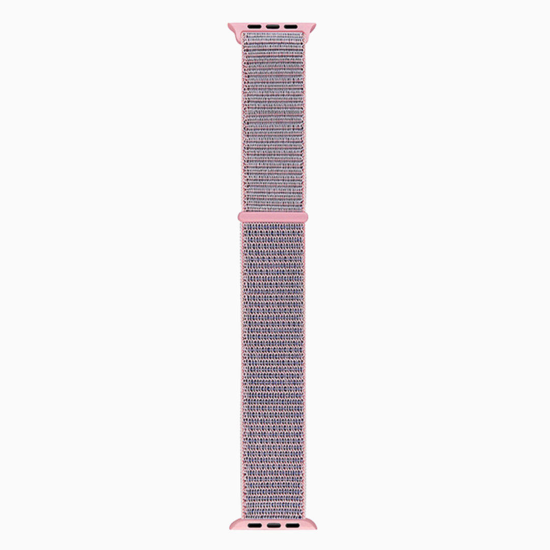 Woven watch strap with pink NYLON clasp on a white background