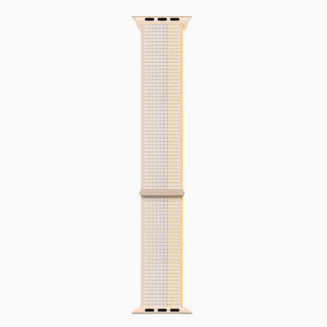 White woven Soft Nylon Apple Watch Loop - Starlight with yellow with yellow accent on a white background 