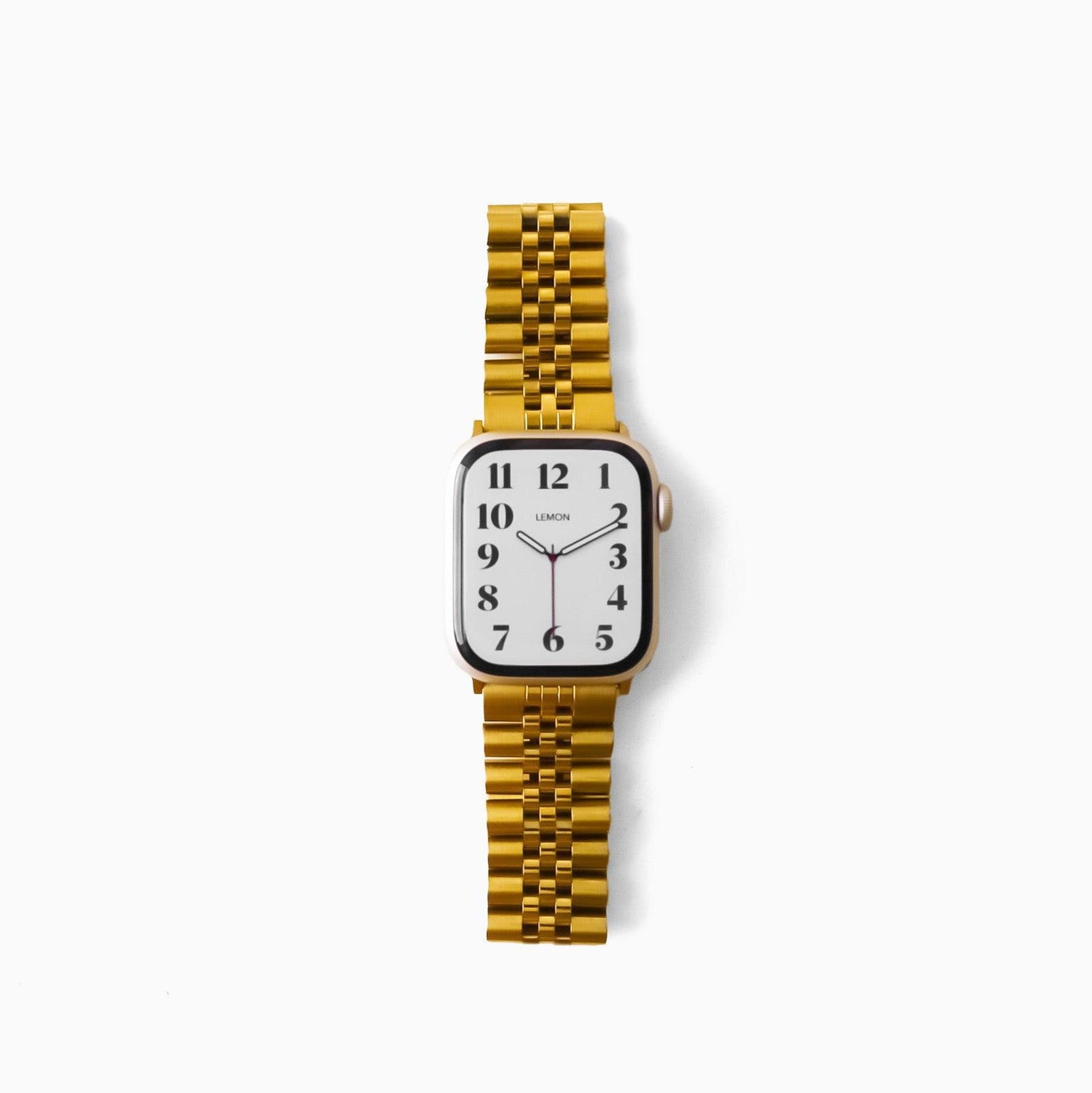 A gold stainless steel Jubilee watch band for Apple Watch, displayed on a white background.
