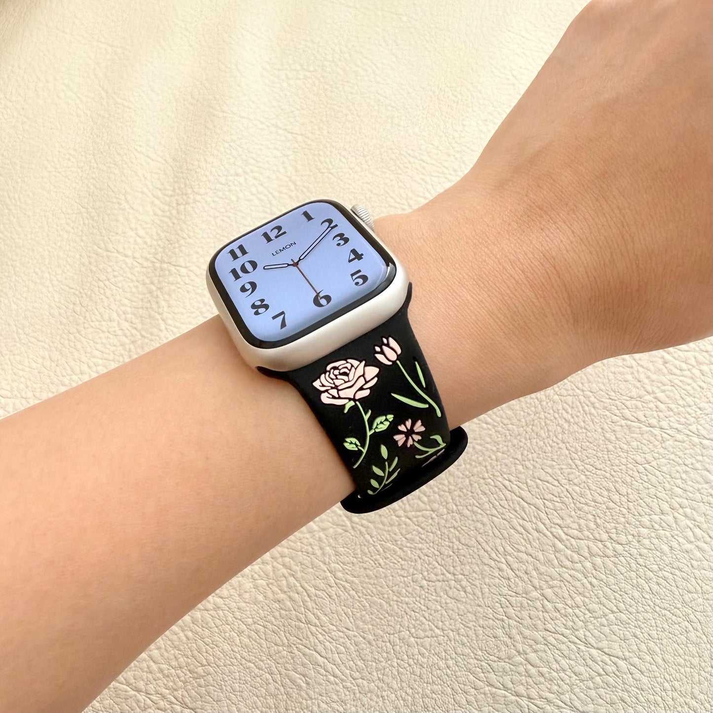 Wildflower Silicone Apple Watch Band -BLACK on WRIST