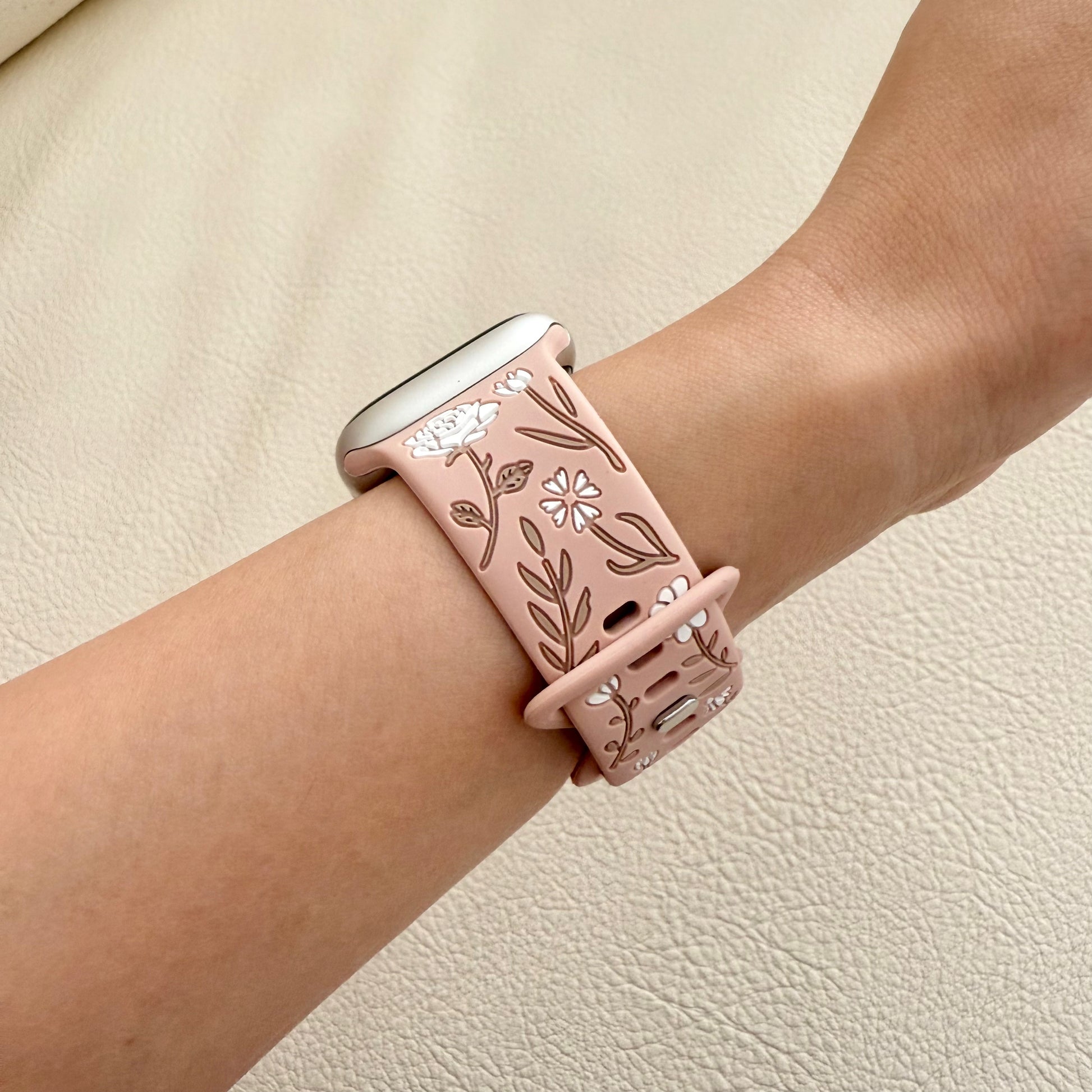 Wildflower Silicone Apple Watch Band - Pink on wrist 