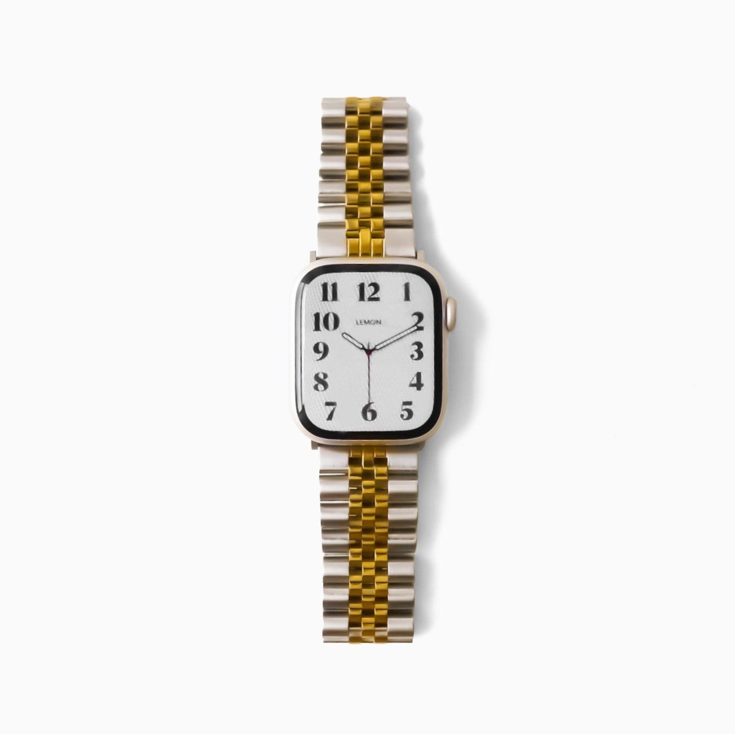 A stainless steel two-tone Jubilee watch band for Apple Watch, featuring a brushed texture with polished accents.